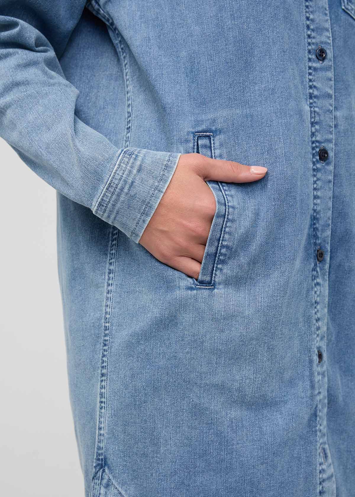 Performance Denim Lite Shirt Dress - Washed Indigo - Image 6